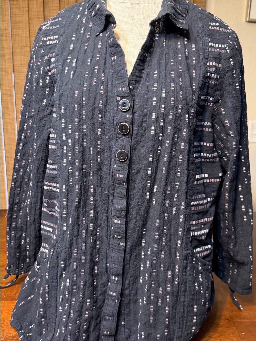 Habitual Black Textured Button-Front Jacket with Subtle Stripe Accents